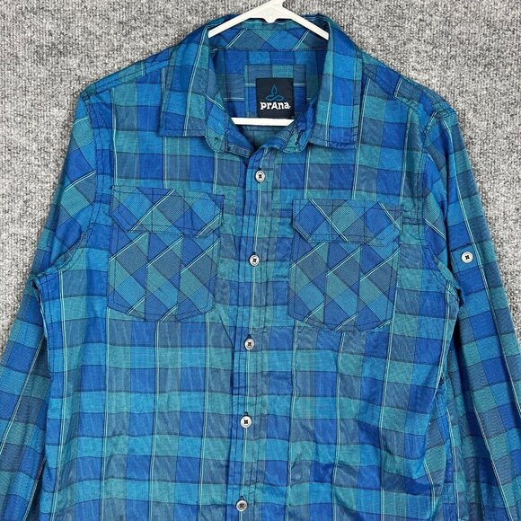 PrAna Men's Button Down Long Sleeve Organic Cotton Blend Blue Shirt Sz‎ M - Picture 3 of 9
